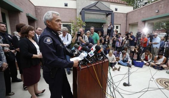 South Pasadena Chief of Police Miller speaks at a news conference held to discuss the arrests of two South Pasadena High School students suspected of plotting to kill teachers and students on campus, in South Pasadena