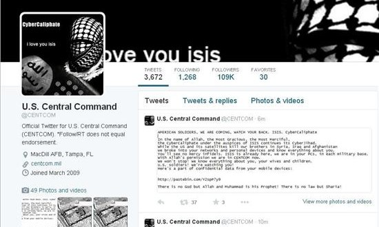 El EI interviene la cuenta de Twitter del Mando Central del Pentágono
Captura de la página de la cuenta de Twitter del Comando Central de EE.UU., encargado de las operaciones en Irak y Siria, que ha sido pirateada por un grupo de hackers supuestamente vinculado al Estado Islámico (EI). EFE