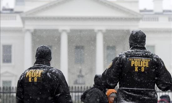 Obama declara situación de desastre en Alabama por el temporal de invierno
Dos agentes del Servicio Secreto División K-9 observan la nieve que cae sobre la Avenida Pennsylvania, en Washington.