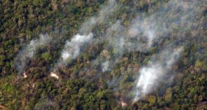 Este lunes las técnicas para combatir el incendio continuaron "por aire y tierra", expuso la institución en un comunicado en el que detalló que desde primeras horas de la mañana se realizó un sobrevuelo de reconocimiento por el área de San Juan Gascón, con un helicóptero alquilado por la entidad para la ocasión. EFE/Archivo