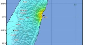 Mapa de la intensidad cedido por el Servicio Geológico de los Estados Unidos que muestra la ubicación de un terremoto de magnitud 6.1 que se produjo a la 1:01 pm hora local a una profundidad de 18 kilómetros, a unos 10 km al oeste de Hualien (Taiwán). EFE