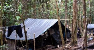 Fotografía cedida por los investigadores Victor Tipe y José Arrieta, que muestra un campamento que utiliza Sendero Luminoso en la selva peruana. EFE/ Policía De Perú