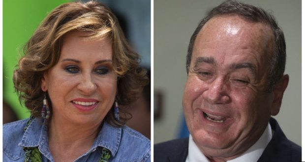 ARCHIVO - En esta combinación de imágenes de archivo aparecen los candidatos a la presidencia de Guatemala Sandra Torres, en Villanueva, Guatemala, el 14 de junio de 14, y su rival, Alejandro Giammattei, en la Ciudad de Guatemala, el 13 de junio de 2019. (AP Foto/Moises Castillo)